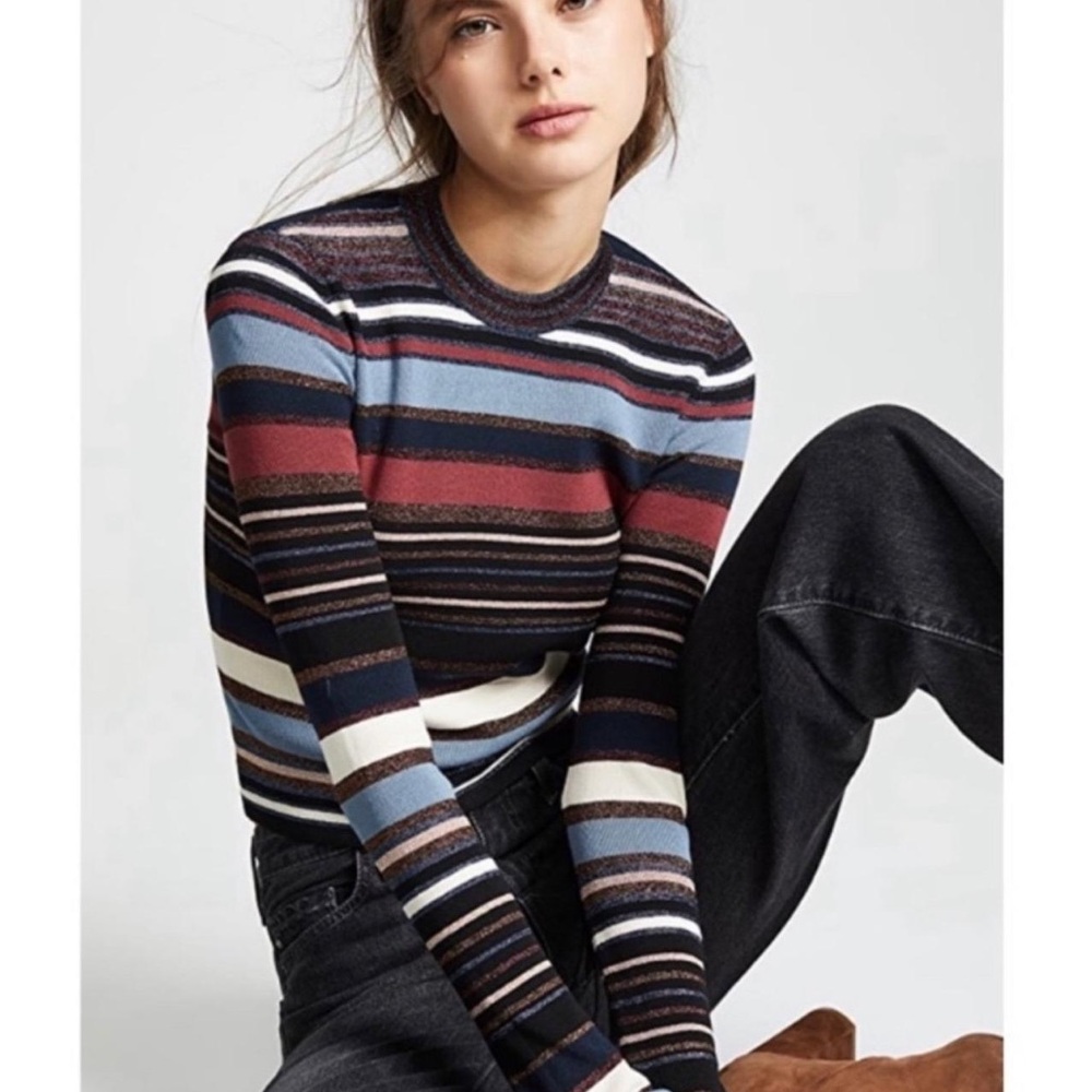 Veronica Beard Striped Crewneck Sweater in Navy, Light Blue, Rust & Cream - Picture 9 of 13